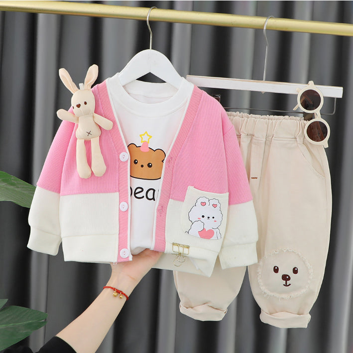 Toddler 3-Piece Animal Pocket Cardigan Set β Red, Brown, Pink (1-6 Years)